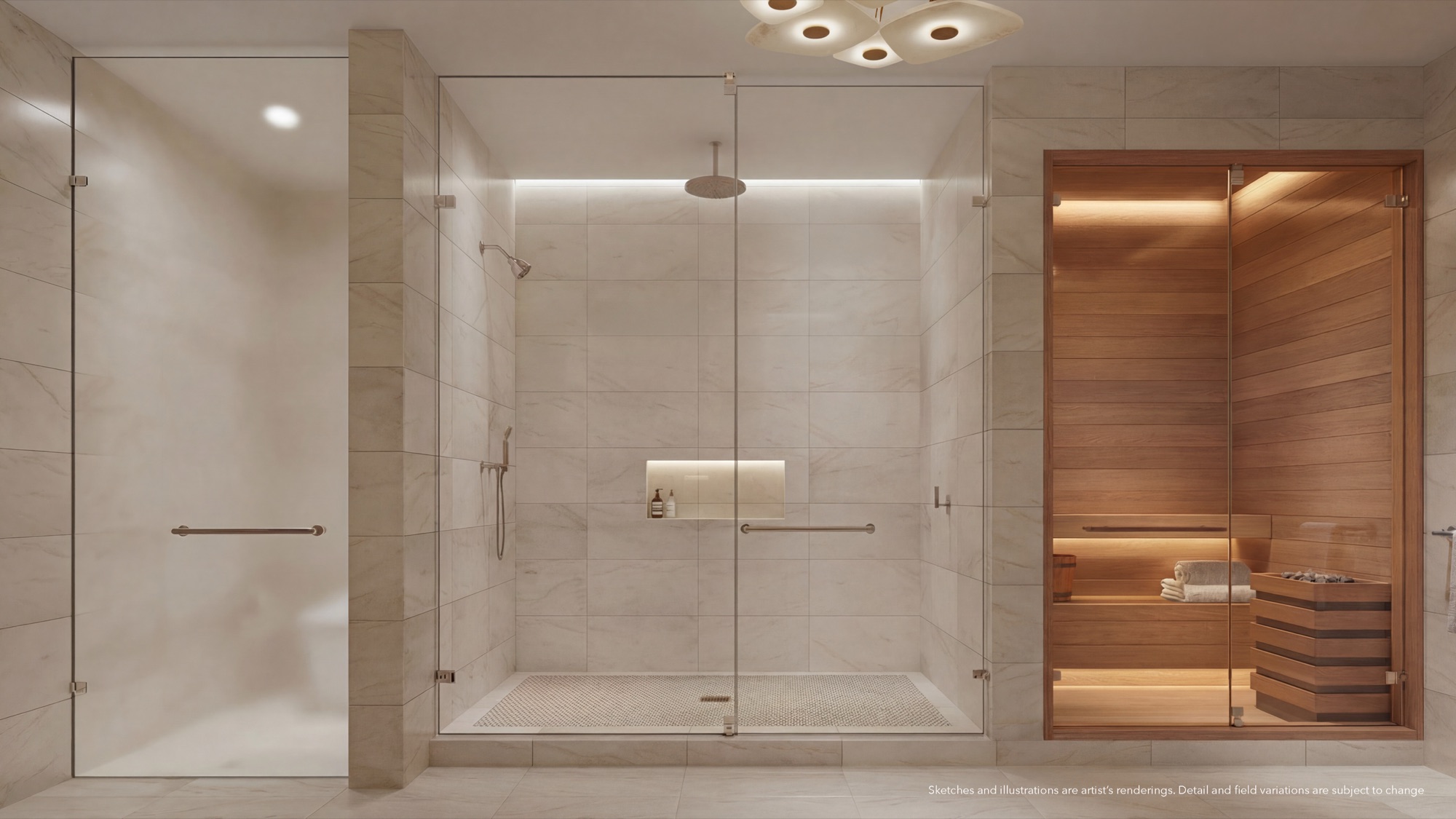 Spa primary bathroom at Continuum 12000 — a five-fixture Waterworks composition in Calcutta marble with a custom fluted double vanity, oversized rain shower, and a traditional cedar sauna for daily detox.