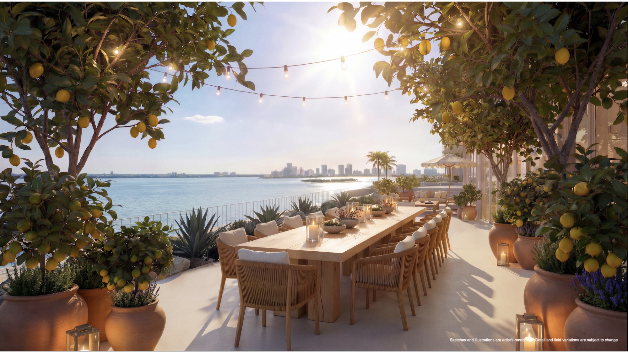 Alfresco dining and entertainment at Continuum 12000 — a private dining room with bar and open kitchen, multi-screen sports lounge, and outdoor dining within the Mermaid Club.