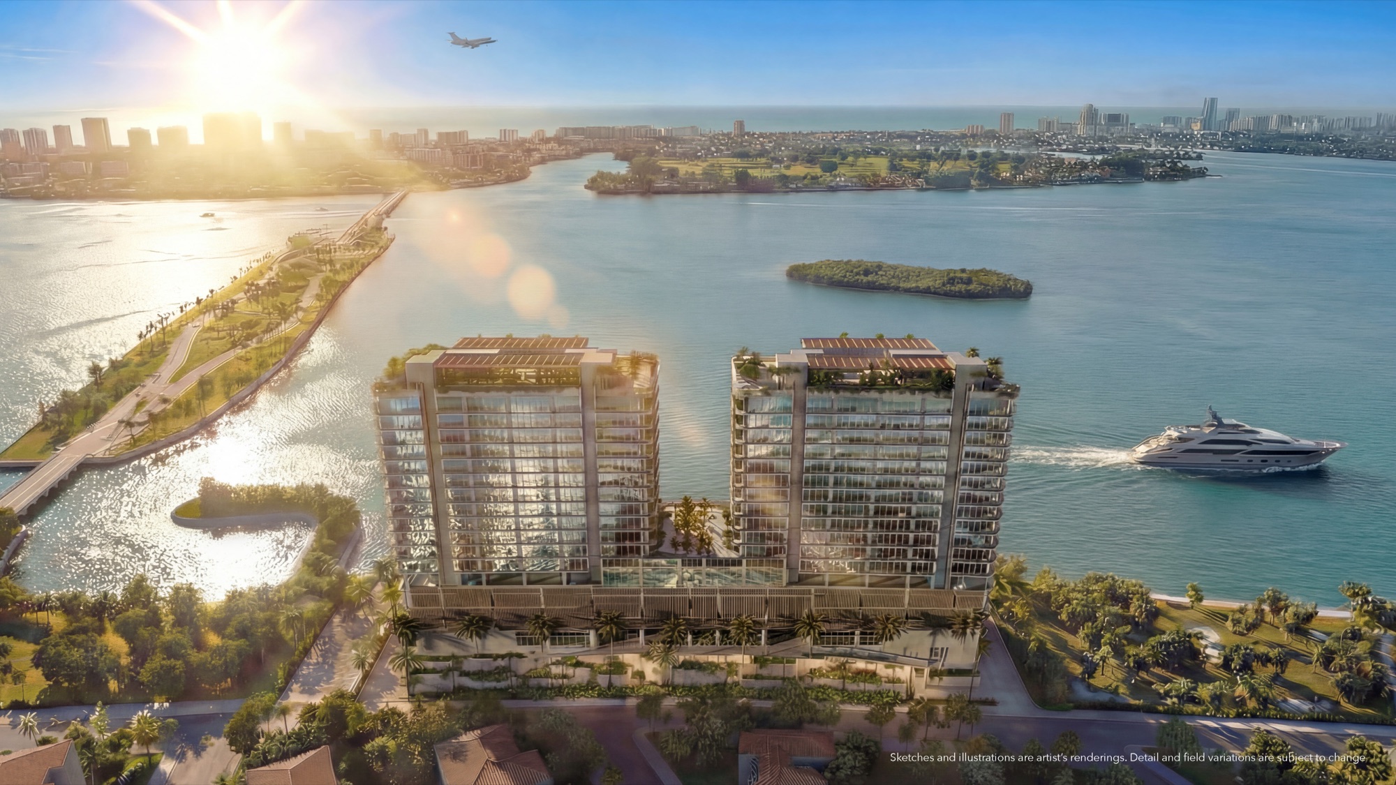 Continuum 12000 — the 20-story glass Sport & Wellness tower on Indian Creek and Biscayne Bay in North Miami, shown at twilight with bayfront villas and a private marina. Architecture by Kobi Karp for the Continuum Company.