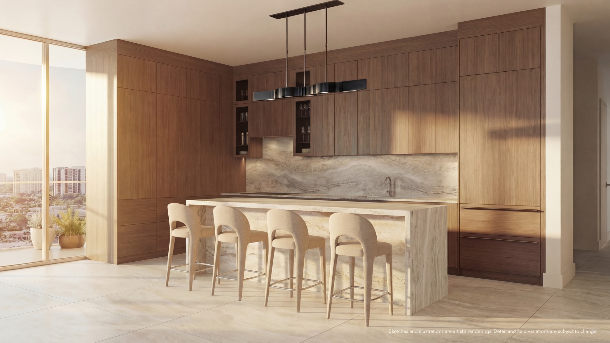 Kitchen at Continuum 12000 — a generous travertine island, quartzite countertops and backsplash, fully integrated Sub-Zero and Wolf appliances with a built-in wine refrigerator, and custom European cabinetry.