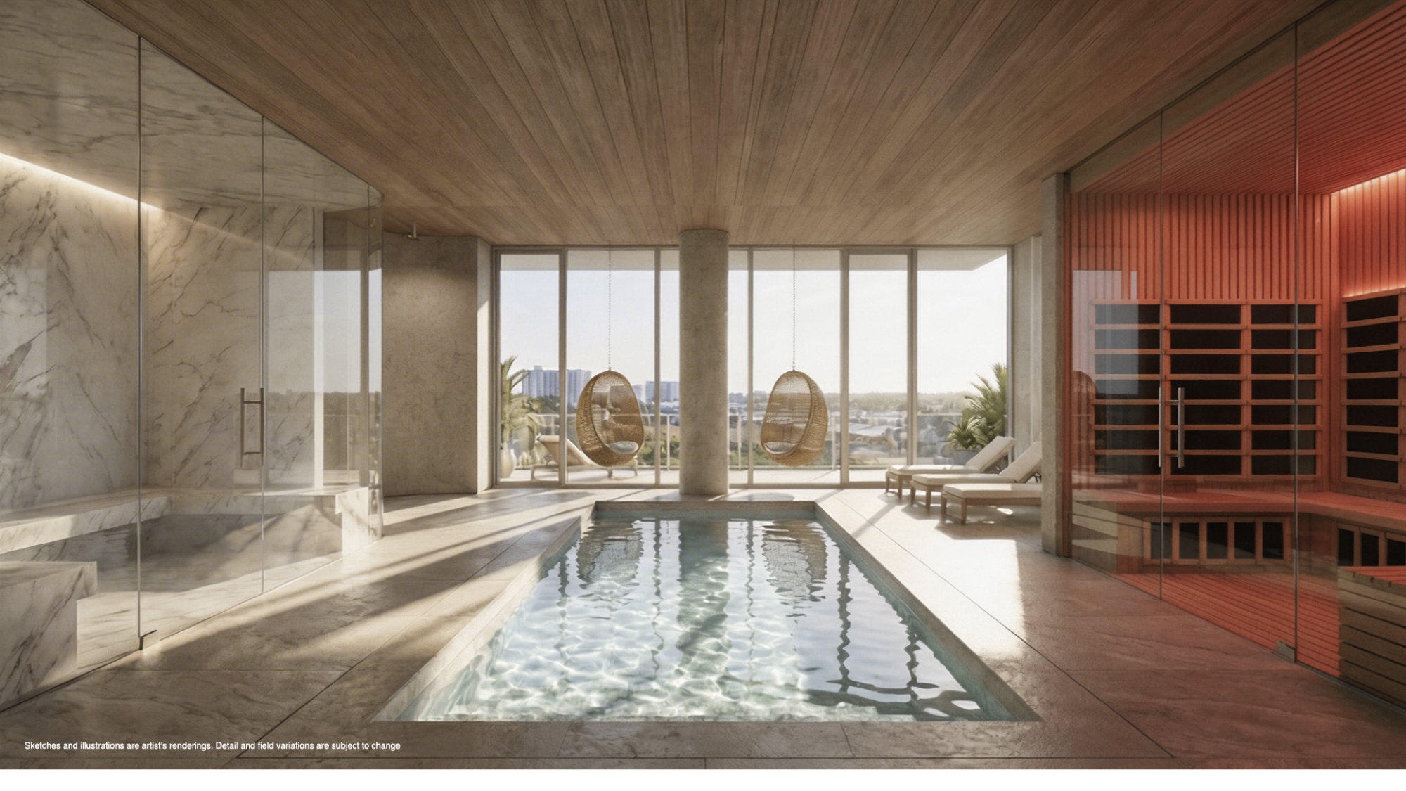 Spa and contrast-therapy suite at Continuum 12000 — infrared sauna, steam, cold plunge, and hot tubs within the Mermaid Club's longevity and wellness collection.