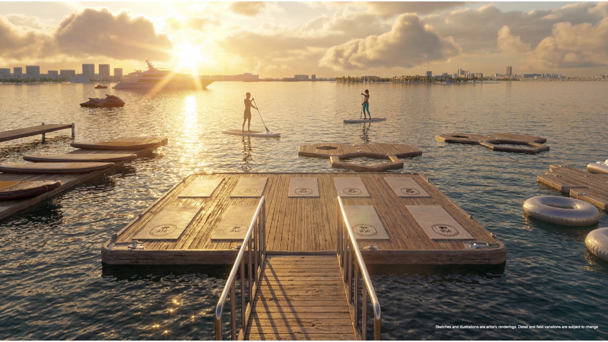 The Continuum 12000 waterfront playground — a private marina with boat slips for yachts up to 90 feet, watersports launch dock, and luxury yacht toys on Biscayne Bay.